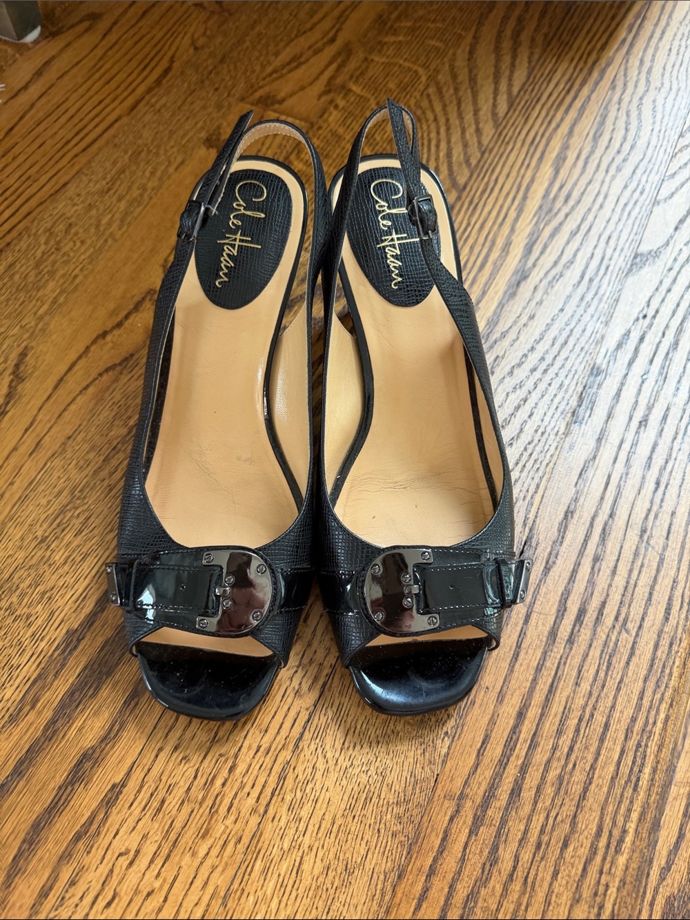 Cole Haan (w/Nike Air) Black Slingback Peep-Toe Heels with Buckle Accent